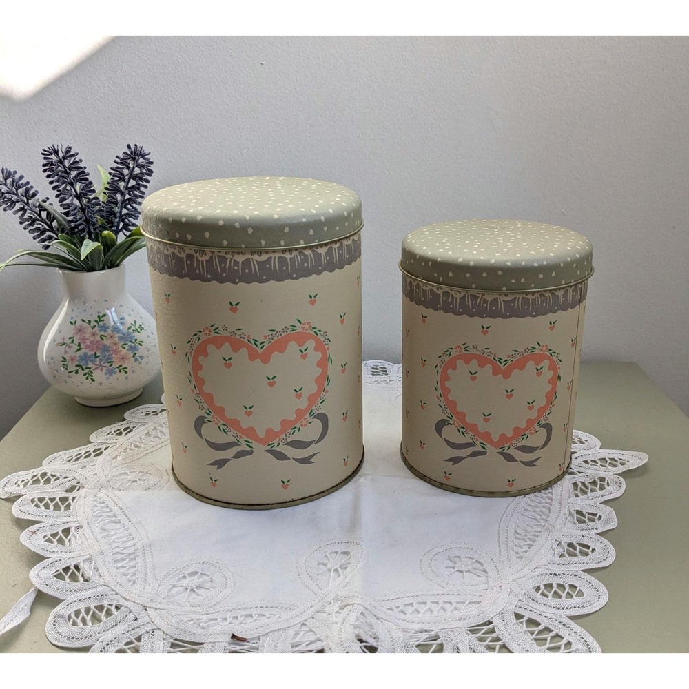 Vintage Tin Canister Set, Cottage Kitchen Storage, Heart Motif Metal Containers